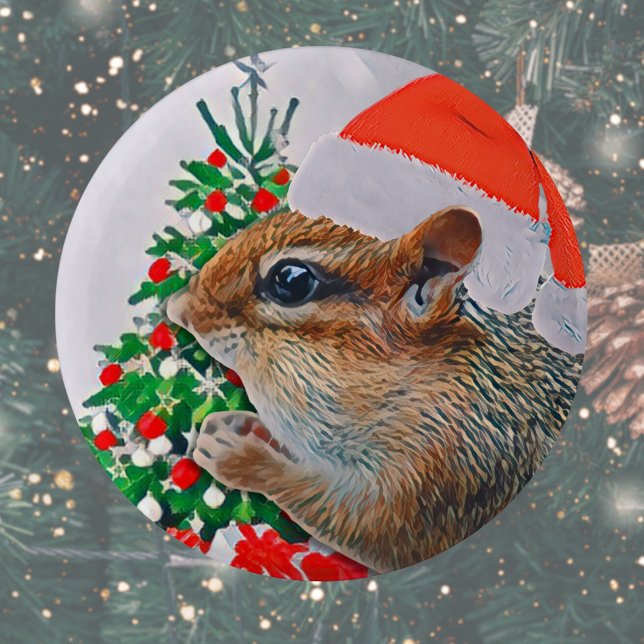 Chapa Redonda De 5 Cm Navidades de Cute Santa Chipmunk (Cute chipmunk Christmas button pin makes a great stocking stuffer or Christmas party favor. )