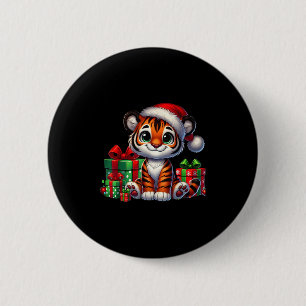 Chapa Redonda De 5 Cm Navidades de los tigres de Santa Hat iluminando na