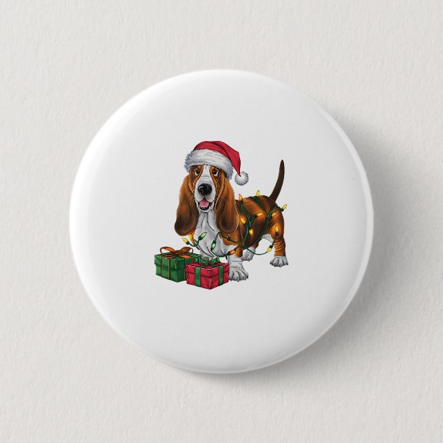 Chapa Redonda De 5 Cm Navidades de perras de Santa Hat Basset Hound (Anverso)