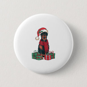 Chapa Redonda De 5 Cm Navidades de Perro Doberman de Santa Hat Lughting