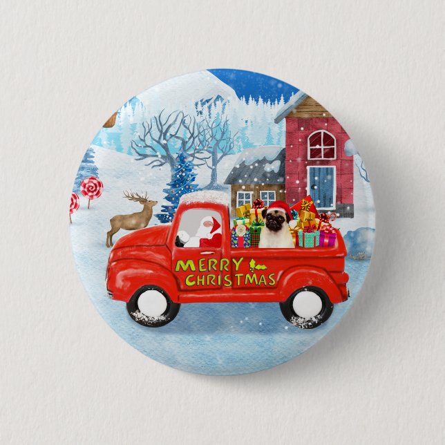 Chapa Redonda De 5 Cm Navidades de perro paro Nieve en camión (Anverso)