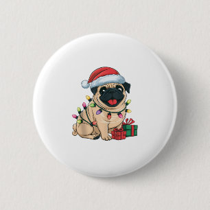 Chapa Redonda De 5 Cm Navidades de perros de Santa Hat Pug Lughting