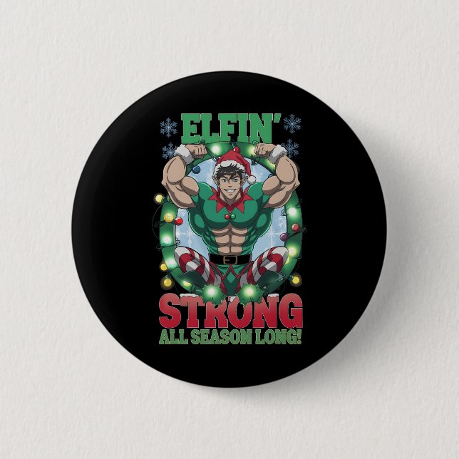 Chapa Redonda De 5 Cm Navidades Elf Gym entrenan con fuerza en Elfin tod (Anverso)