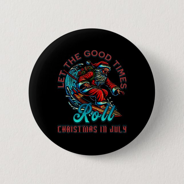 Chapa Redonda De 5 Cm Navidades En Julio Surfing Santa Claus Beach Xmas  (Anverso)