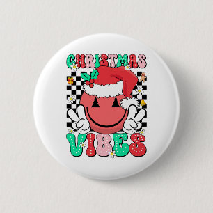 Chapa Redonda De 5 Cm Navidades Groovy Vibes Sonríe Face Santa Hat Xmas 