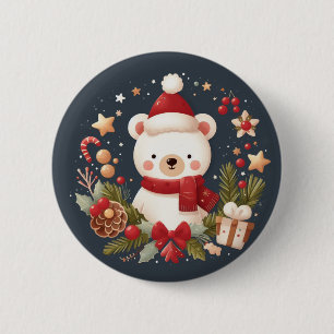 Chapa Redonda De 5 Cm Navidades/oso de invierno en corona de flores