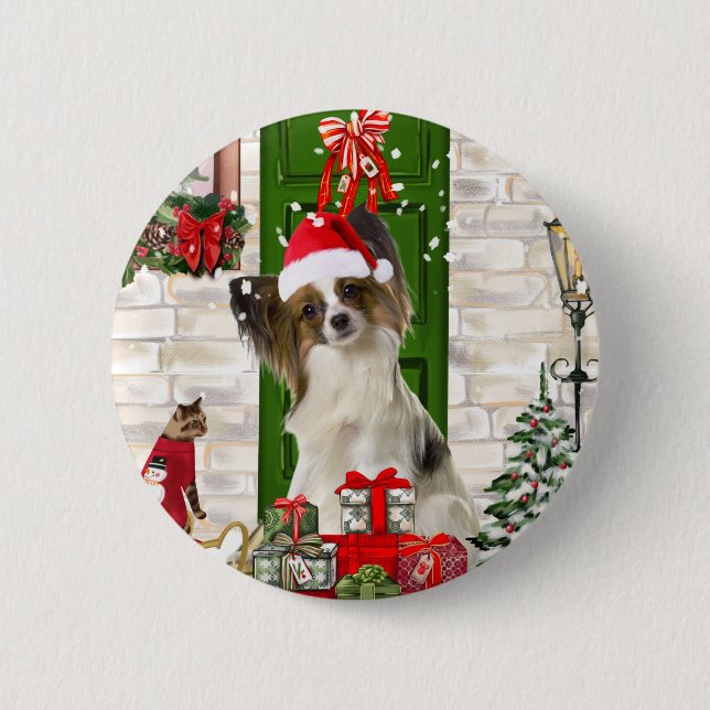 Chapa Redonda De 5 Cm Navidades Papillon Dog (Anverso)