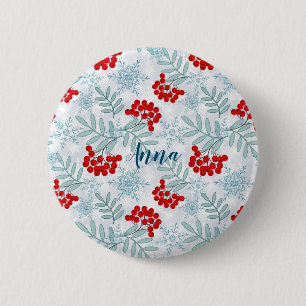 Chapa Redonda De 5 Cm Navidades, Rowan, rojo, blanco, copos de nieve