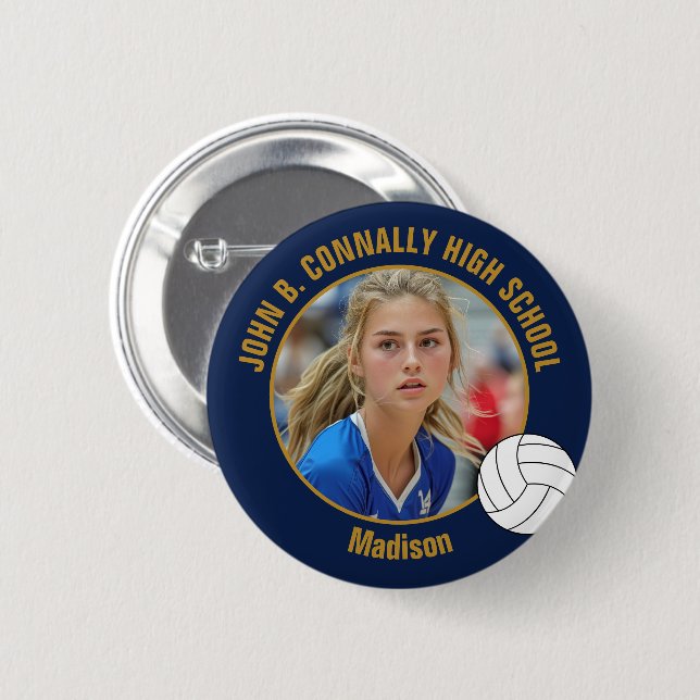 Chapa Redonda De 5 Cm Navy Blue Gold Volleyball Player Photo High School (Anverso y reverso)