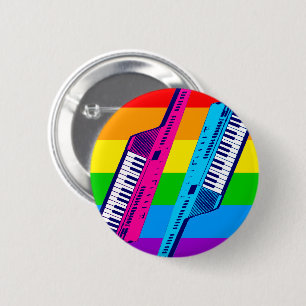Chapa Redonda De 5 Cm New Wave Vintage 80's Retro Keytar Pin de Arcoíris