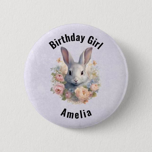 Chapa Redonda De 5 Cm Niña Cumpleaños Conejo Rodeado de Flores Pastel  (Anverso)