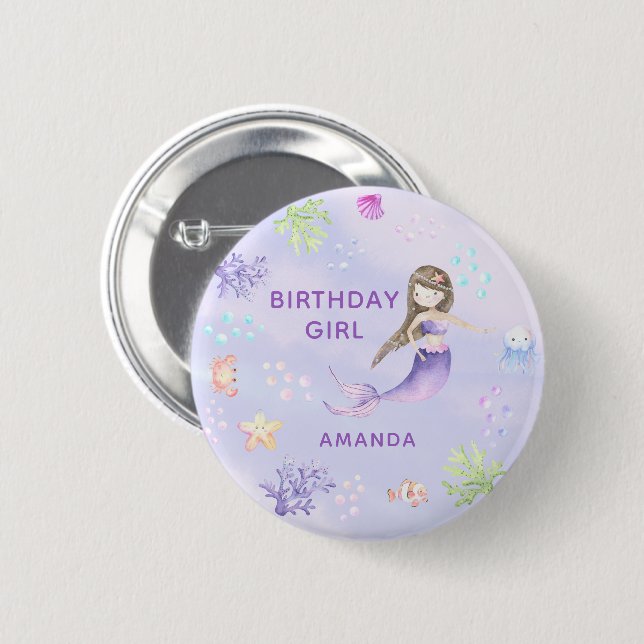 Chapa Redonda De 5 Cm Niña Cumpleaños Sirena (Anverso y reverso)