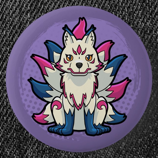 Chapa Redonda De 5 Cm Nine-Tailed Fox- Yokai Kitsune (Nine-Tailed Fox Yokai Can Badge- Detail View)