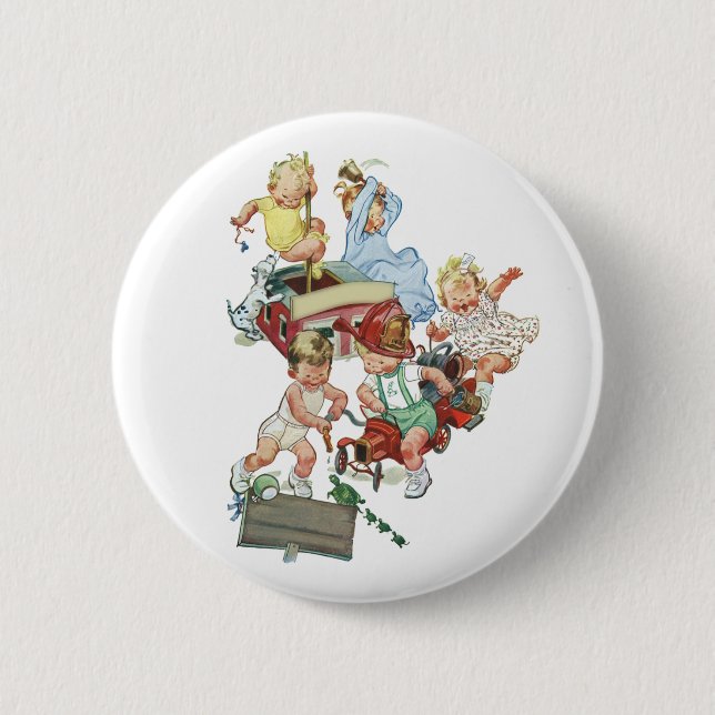 Chapa Redonda De 5 Cm Niños pequeños de la época jugando con camiones de (Anverso)