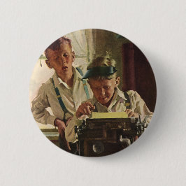 Chapa Redonda De 5 Cm Niños Periodistas de Periódico Antiguo, Escritor