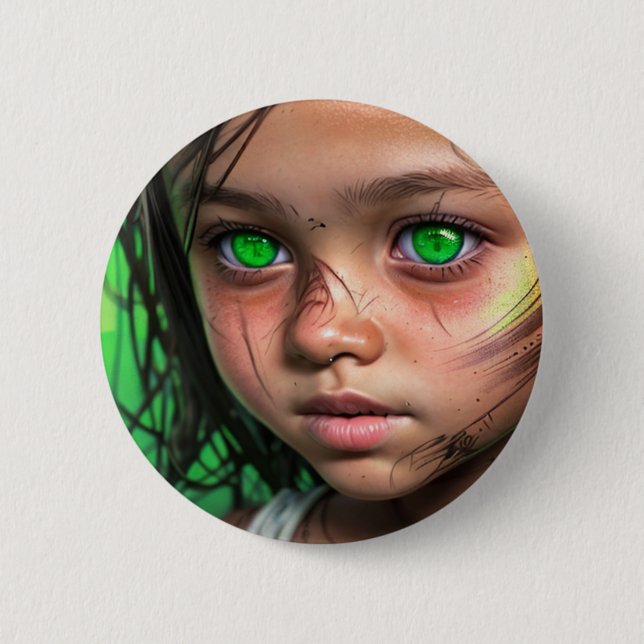 Chapa Redonda De 5 Cm Niños tribales | Chica Futurista con ojos verdes b (Anverso)