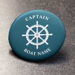 Chapa Redonda De 5 Cm Nombre del Capitán del Barco Náutico<br><div class="desc">Rueda de los buques náuticos Verde azulados profundos de la Marina - Helm y su nombre de barco personalizado y botón del tanque del capitán del Personalizable.</div>