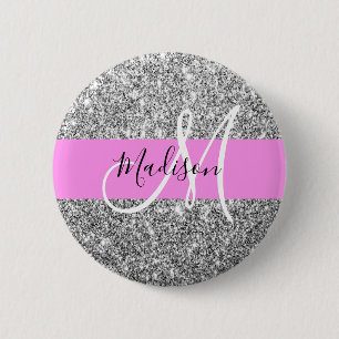 Chapa Redonda De 5 Cm Nombre monograma del Purpurina Glam Pink & Silver