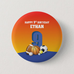 Chapa Redonda De 5 Cm Nombre personalizado niño 9 cumpleaños pelotas de