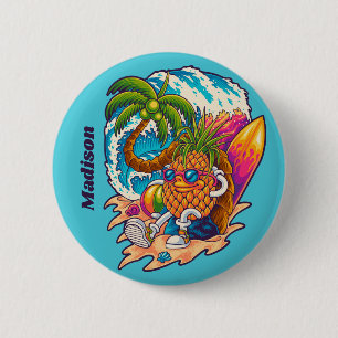 Chapa Redonda De 5 Cm Nombre personalizado Surfing Pineapple