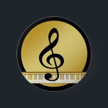 Chapa Redonda De 5 Cm Notas del Clef del símbolo de música en negro del<br><div class="desc">El símbolo de oro del clef de la música limpia en el botón da aspecto elegante en cara negra del oro.</div>