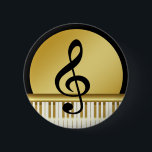 Chapa Redonda De 5 Cm Notas sobre la limpieza del símbolo musical en neg<br><div class="desc">El botón con el símbolo de la arpa dorada de la música limpia da un aspecto elegante en la cara dorada negra.</div>