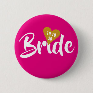 Chapa Redonda De 5 Cm Novia Fecha de Oro Corazón Personalizado