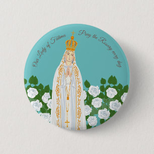 Chapa Redonda De 5 Cm Nuestra Señora de Fátima y rosas blancas