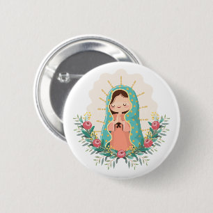 Chapa Redonda De 5 Cm Nuestra Señora de Guadalupe con flores estilo Kawa