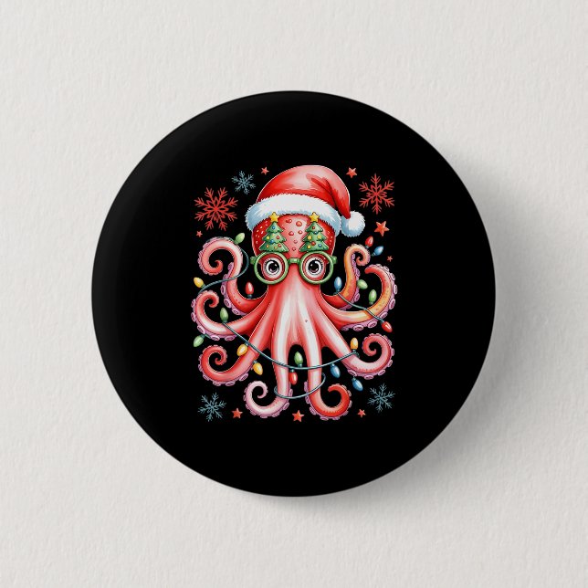 Chapa Redonda De 5 Cm Octopus Gles Santa Hat Christmas Light Ocean Anima (Anverso)