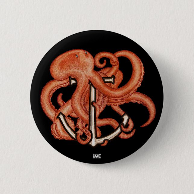 Chapa Redonda De 5 Cm Octopus naranja sobre ancla (Anverso)