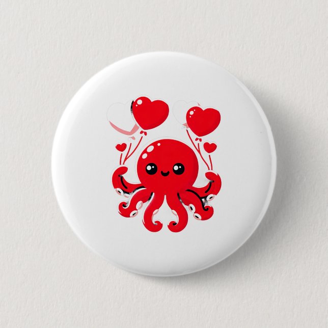 Chapa Redonda De 5 Cm Octopus With Heart Lloons Adorable Valentines Day  (Anverso)