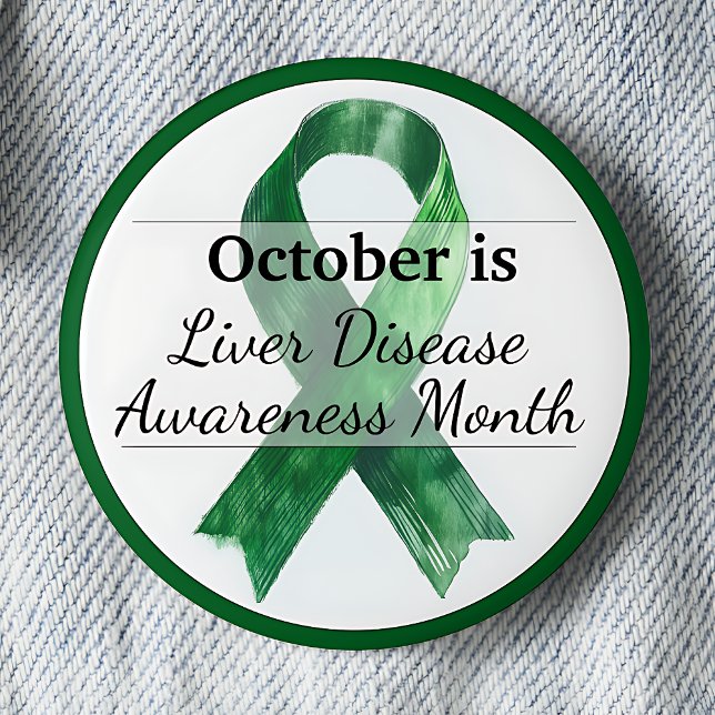 Chapa Redonda De 5 Cm Octubre Mes de Concienciación sobre Enfermedades H (October is Liver Disease Awareness Month pinback button. Green awareness ribbon.)