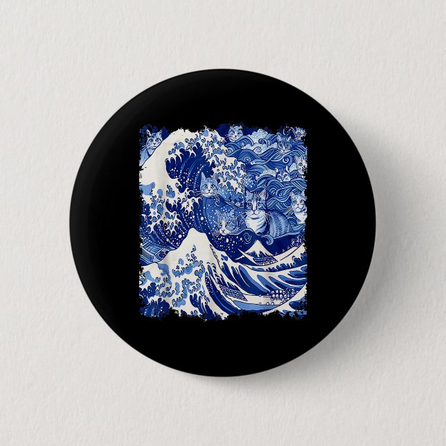 Chapa Redonda De 5 Cm Ola De Gatos Azules Cuidados Para La Divertida Ola (Anverso)