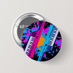 Chapa Redonda De 5 Cm Ola Nueva Vintage Retro Keytar de los 80 Neón Salp