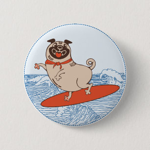 Chapa Redonda De 5 Cm Onda montando perro de cerdo feliz en la tabla de 