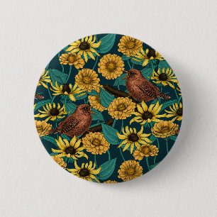 Chapa Redonda De 5 Cm Ondas y flores en azul oscuro