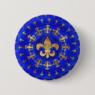 Chapa Redonda De 5 Cm Ornamento de Fleur-de-lis Lapis Lazuli y Gold
