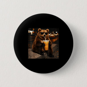 Chapa Redonda De 5 Cm Oso bebiendo café helado divertido meme animal hom