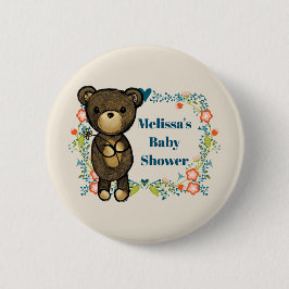 Chapa Redonda De 5 Cm Oso de peluche con Floral Wreath Baby Shower