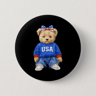 Chapa Redonda De 5 Cm Oso patriótico lindo usa 4 de julio americano