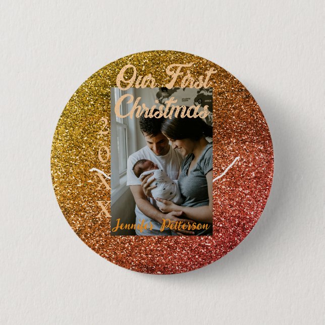 Chapa Redonda De 5 Cm Our first Christmas orange red glitter photo year (Anverso)