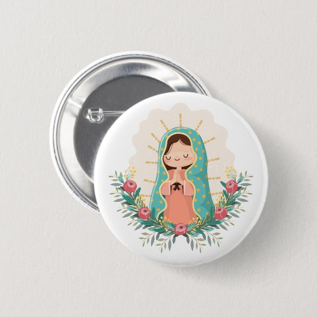 Chapa Redonda De 5 Cm Our Lady of Guadalupe with flowers Kawaii Style (Anverso y reverso)