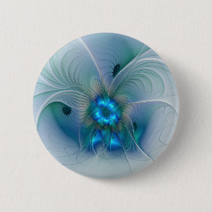 Chapa Redonda De 5 Cm Ovejas en pie, abstracto fractal turquesa azul