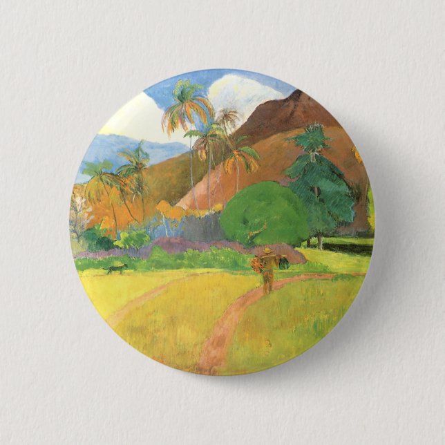 Chapa Redonda De 5 Cm Paisaje tahitiano, montañas Tahiti, Paul Gauguin (Anverso)