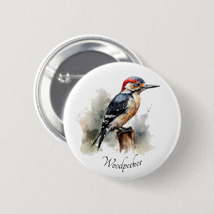 Chapa Redonda De 5 Cm Pájaro carpintero de bosque acuarela, personalizad