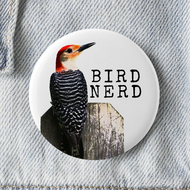 Chapa Redonda De 5 Cm Pájaro leñador rojo nervioso (Bird Nerd button pin is a fun small gift for bird lovers, bird watchers, and nature enthusiasts. )