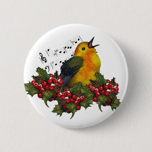 Chapa Redonda De 5 Cm Pájaro que canta con Hollly, bayas del navidad