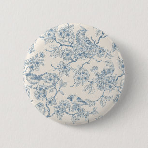 Chapa Redonda De 5 Cm Pájaros y flor de cerezo en azul y blanco apagado