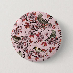 Chapa Redonda De 5 Cm Pájaros y flor de cerezo sobre rosa pink